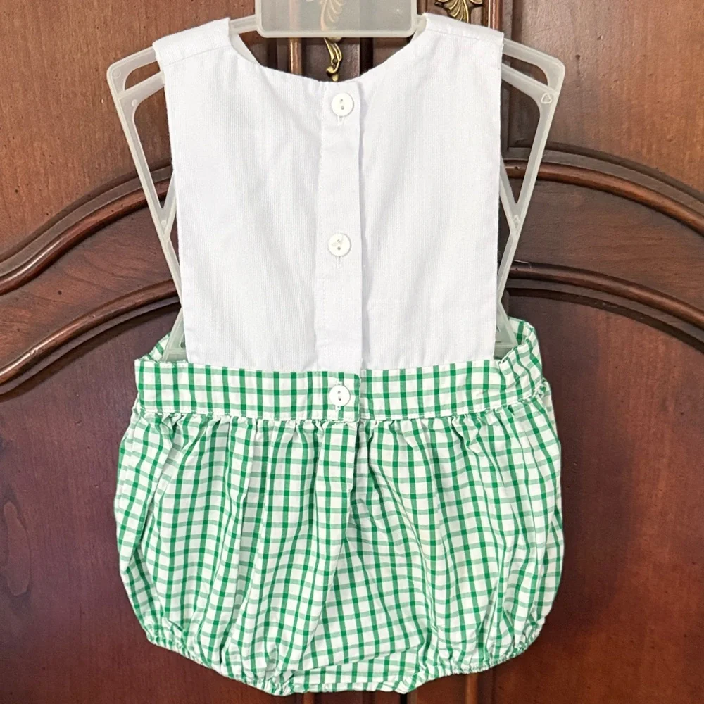 The Smocking Place Tractor Bubble Romper 6M Green Gingham Boys 100% Cotton